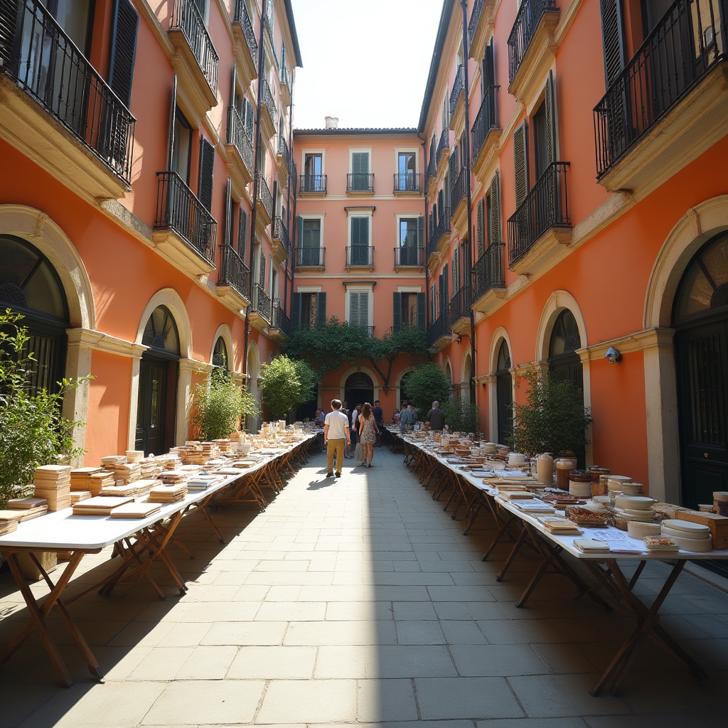 Cortile condominiale allestito con tavoli per mercatino dell'usato
