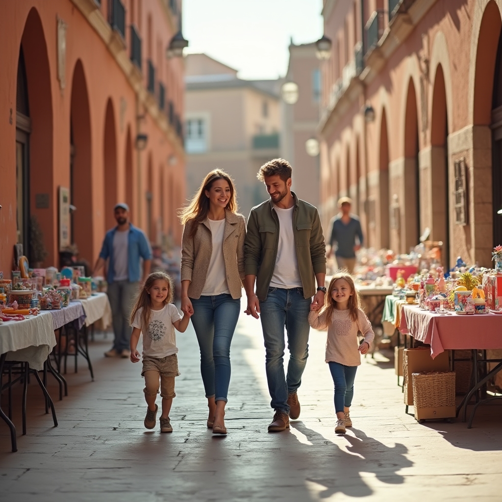 Famiglie che visitano un mercatino dell'usato allestito in un cortile milanese