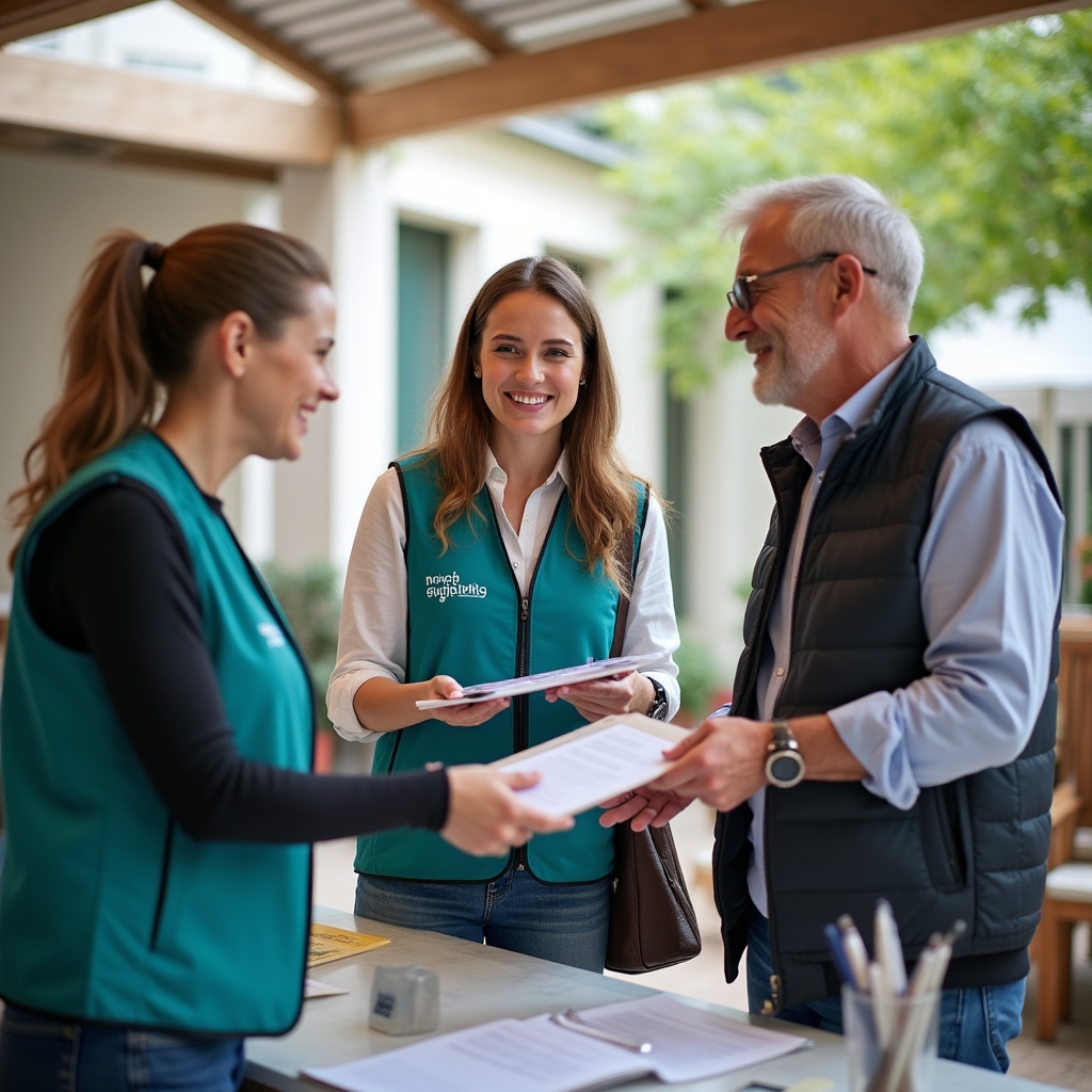 Volontario che registra gli espositori a un banco di accoglienza durante un mercatino